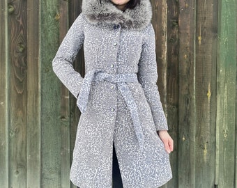 Gray Winter Coat: Slim Fit Hooded Overcoat with Eco Fur Collar