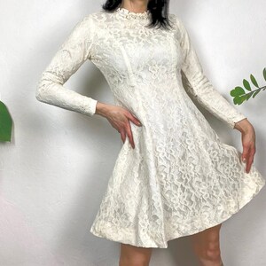 Retro lace dress mini from GALA Sweden 60s, retro short wedding dress, cream champagne beige, sexy woman wedd dress, long sleeve, size XS-S