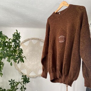 May include: A brown sweater with a crew neck and long sleeves, hanging on a wooden hanger. The sweater has a textured appearance and a small embroidered emblem on the chest. The background includes a plant and a decorative wall hanging.