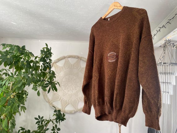 Virgin wool retro sweater, brown warm winter jumper, size L