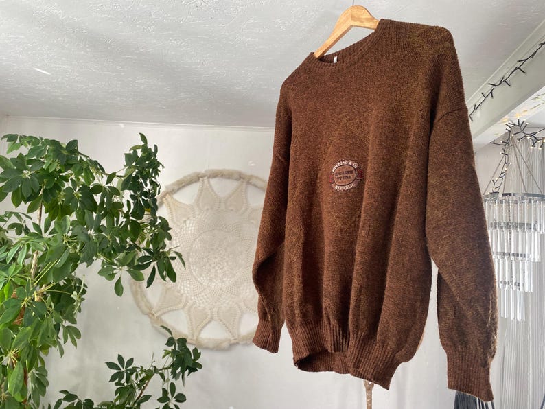 May include: A brown sweater with a crew neck and long sleeves, hanging on a wooden hanger. The sweater has a textured appearance and a small embroidered emblem on the chest. The background includes a plant and a decorative wall hanging.