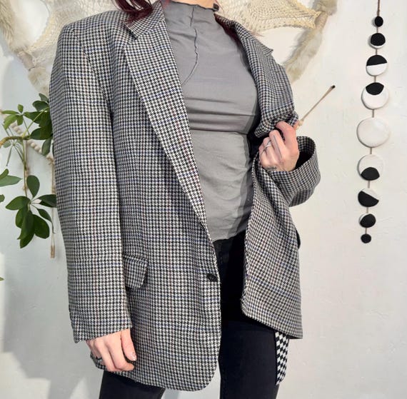 Vintage Houndstooth Blazer, boxy mens 90s Canda Jacket, Size M/L