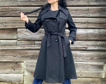 Vintage Black trench coat made in Denmark , 70s, original belt, belted black matrix coat  woman, big collared military style coat, size S/M