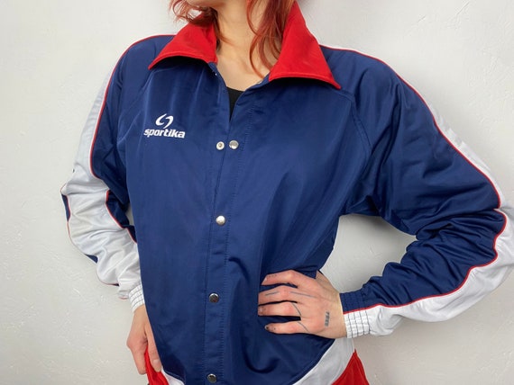 Snap Button Tracksuit Jacket From SPORTIKA PROLINE Street Style Vintage  Sport Jacket, Athletic Collared Snap Button, Blue Red White, Size S 