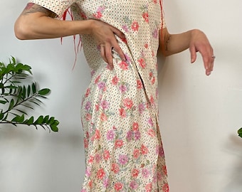 80s Ombre Floral Pleated Shirt Dress - Size M/L