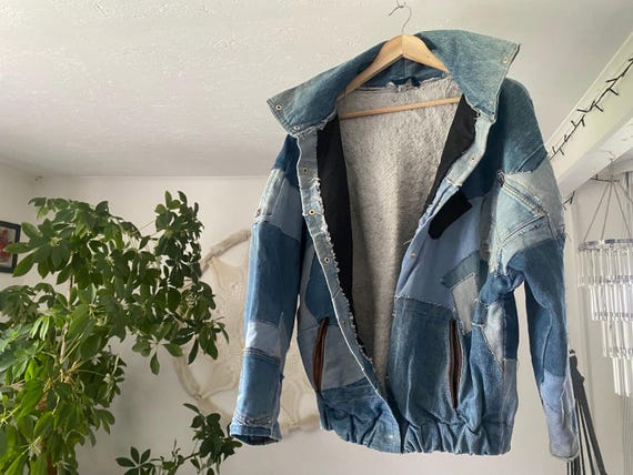 Handmade Patchwork Denim Bomber Jacket: Upcycled … - image 9