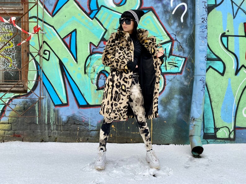 overcoat Retro style faux Fur Animal Print Coat Long coat Warm coat Vegan fur coat fitted Black beige size S-M Hipster Boho