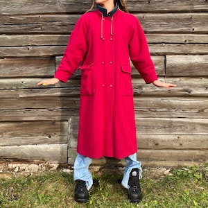 Fuchsia wool coat, long warm bright retro vintage woman’s coat, size UK8, 34, US6