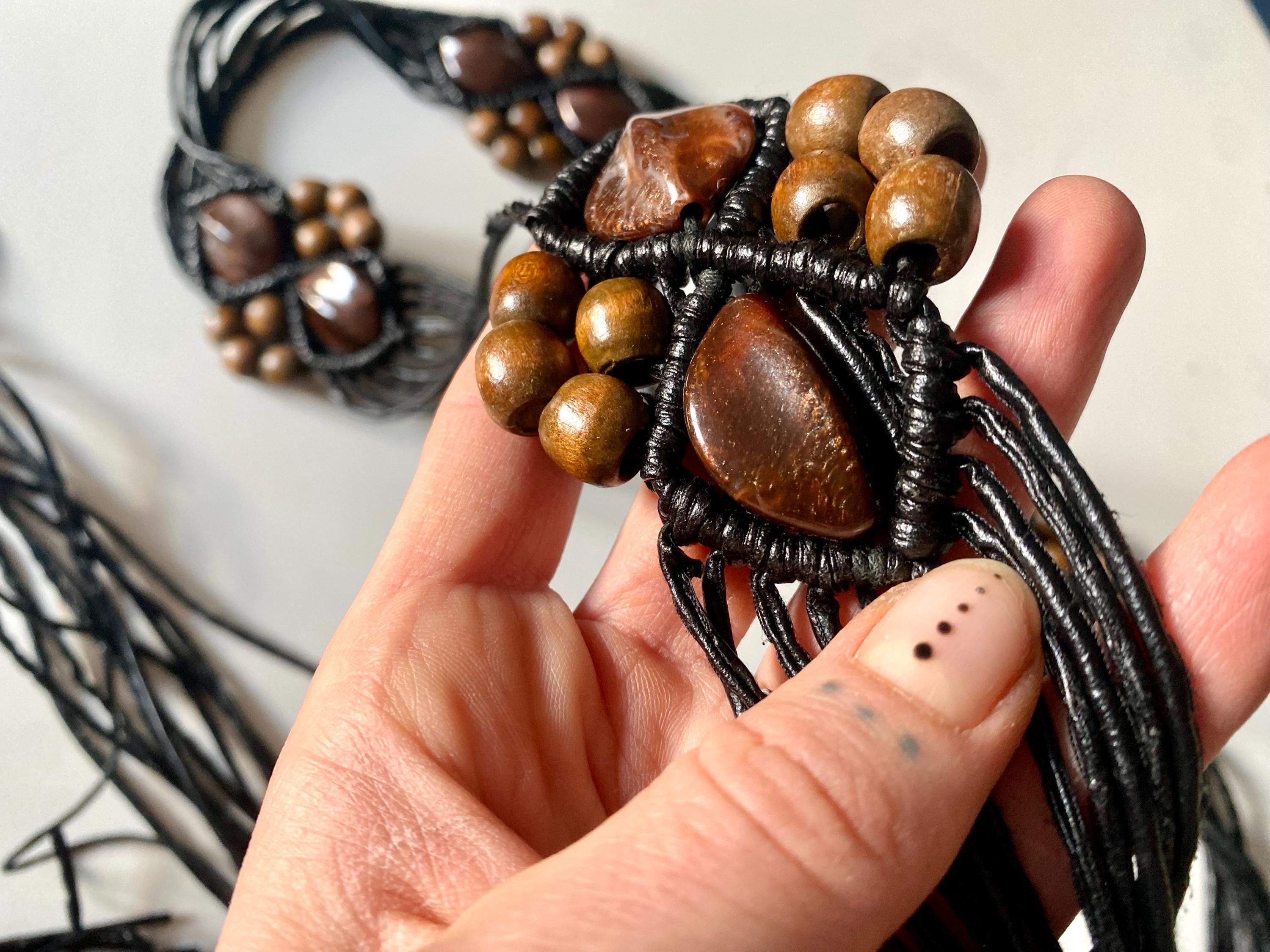 Beaded Boho Belt: Black String Tassel, Wooden Beads, Stone 