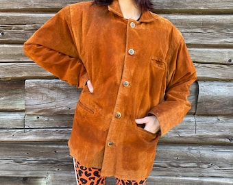 Vintage Suede Leather Jacket: 90s Brown Duster, Size L