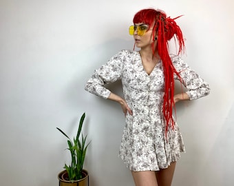 80er Jahre Vintage Floral Babydoll Kleid: Tailliert Mini Tunika, Größe S/M