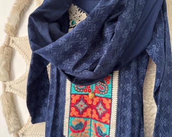 Embroidered Cotton Kurta Set: Blue Ajrakh Block Print Tunic with Scarf