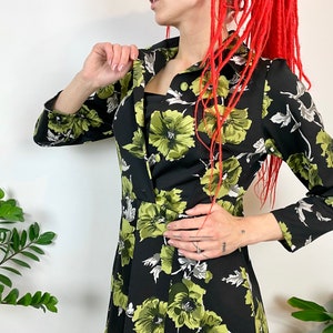 Vintage black Green Dress, Floral dress, classic retro 80s dress, size S/M