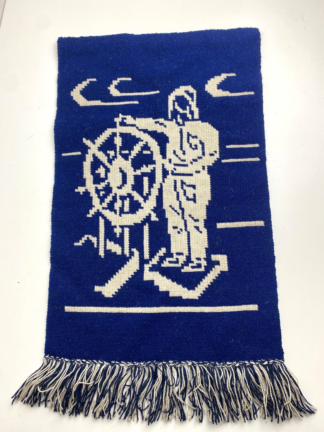 Vintage Sea Theme Wall Hanging, Woven Wall Decor, Blue Beige Captain of