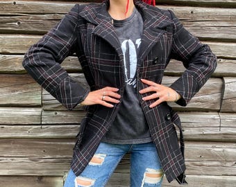 Check woman’s jacket , wool belted 90s jacket, size UK14