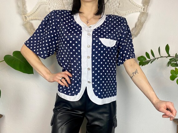 Blue Polka Dot Blouse From BARAN Made in Italy Vintage Dot Pattern Tie up Big Shoulder Button Shirt Lightweight Shirt Size L Etsy New Zealand