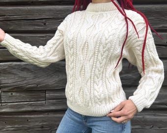 Handmade Cream Cable Knit Sweater | Chunky Aran Turtleneck Pullover (80s Inspired)