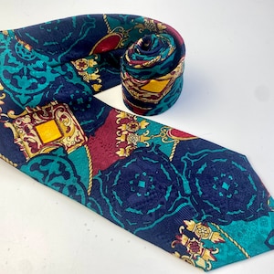 Vintage PETRIFAN necktie from SILK artsy abstract Neck Tie, blue gold burgundy royal patter, men’s necktie, Adult tie