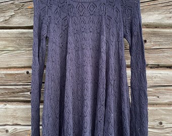 Blusa bohemia de crochet vintage, túnica de punto asimétrica, azul marino, talla XS