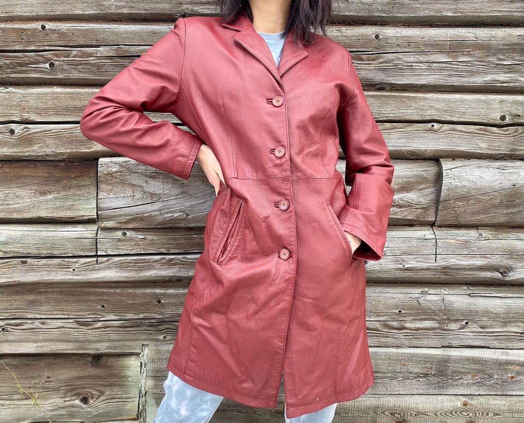 Vintage Burgundy Leather Double Breasted Long Coat 16 18 main image 1