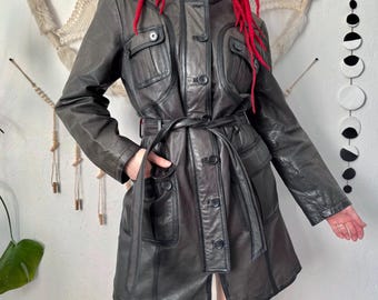 Leren trenchcoat met riem, vintage vrijetijdskleding, maat 42