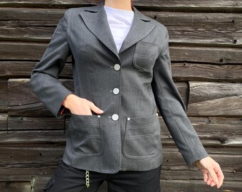 Vintage grijze blazer, slim-fit, zilveren knopen, grijze edgy tweedlook. Maat S/36