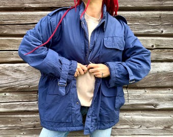 Vintage 1970e Blue Padded Field Jacket | Utility Safari Jacket | Hidden Hood | Quilted Lining