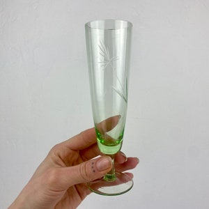 Vintage champagne glass, retro green engraved flower tall glass, vtg 70s