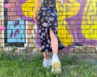 90s Vintage Floral Slip Dress: Black & White Rose, Slit Back, Size M