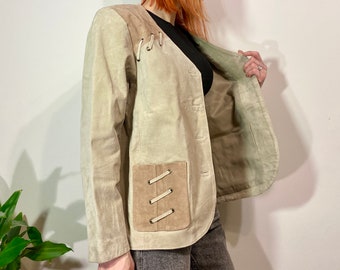 Chaqueta bomber de cuero con patchwork vintage: estilo bohemio occidental, talla M