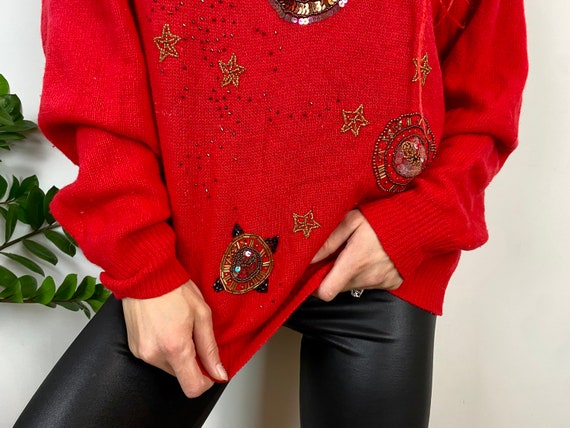 Vintage embellished sweater, 80’s red jumper, war… - image 6