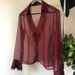 Sexy Burgundy Blouse Vintage Seethrough Ruffled Blouse