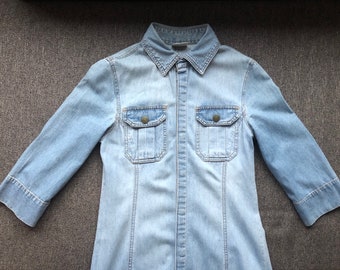 robe chemise en denim vintage, style street des années 90, coupe longue et slim, robe Jean Button up, fente, manches longues