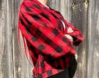 Vintage 80s Plaid Blazer: Red Black Check, Padded Shoulder, Size M