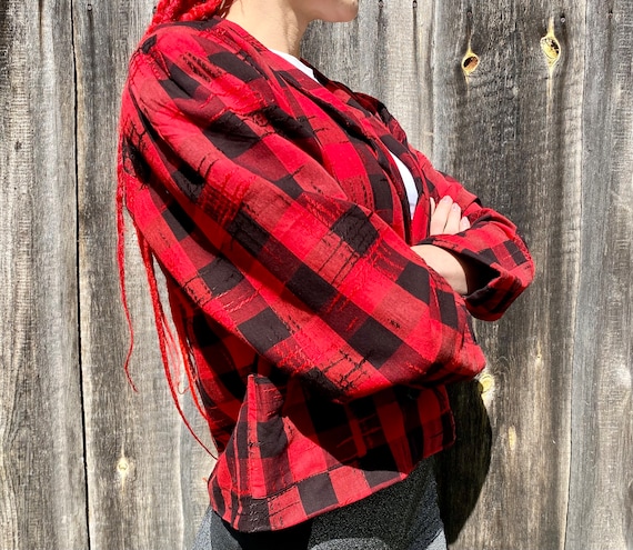 Vintage 80s Plaid Blazer: Red Black Check, Padded Shoulder, Size M