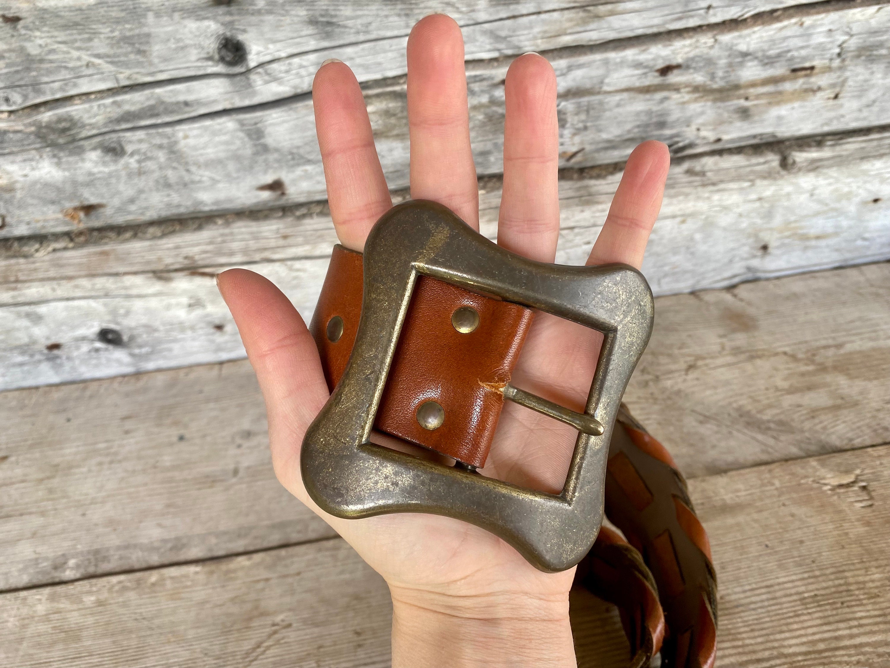 Vintage Hand Laced Leather Belt Woven Jute Inlay Brown Size 36 Boho 90s Brown Braided Leather Belt: Woven Boho Style, Fits up to  main image 3