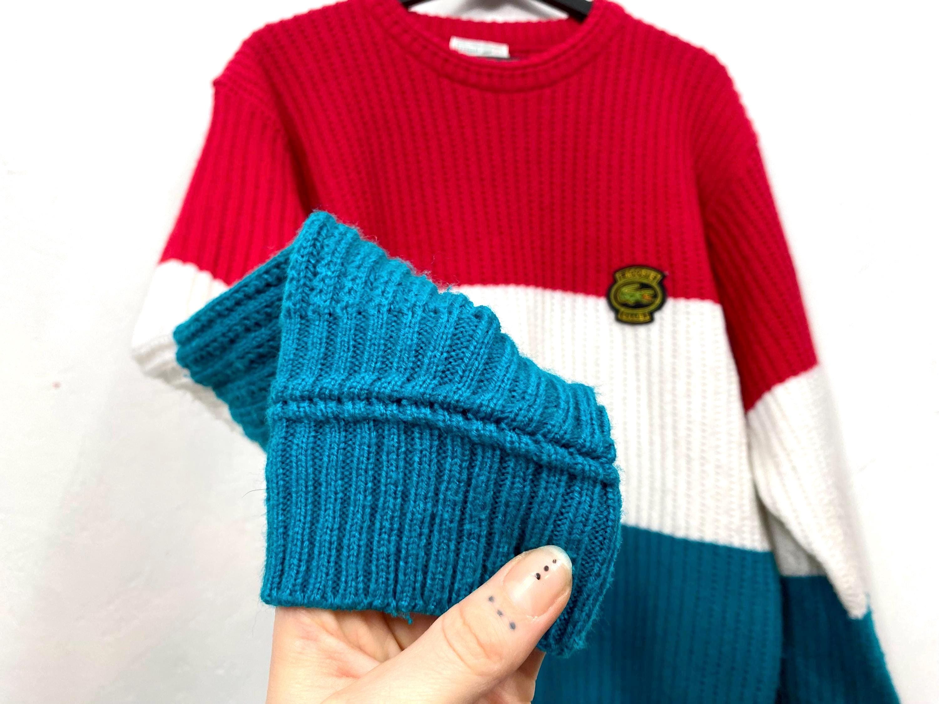 Vintage sweater from LACOSTE CHEMISE, colour block warm knit red green pullover jumper, size L