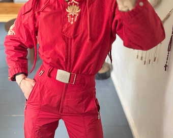 1990s Bogner Red Ski Suit with Gold Lotus Embroidery, Vintage Womens Snowsuit (Size 6)