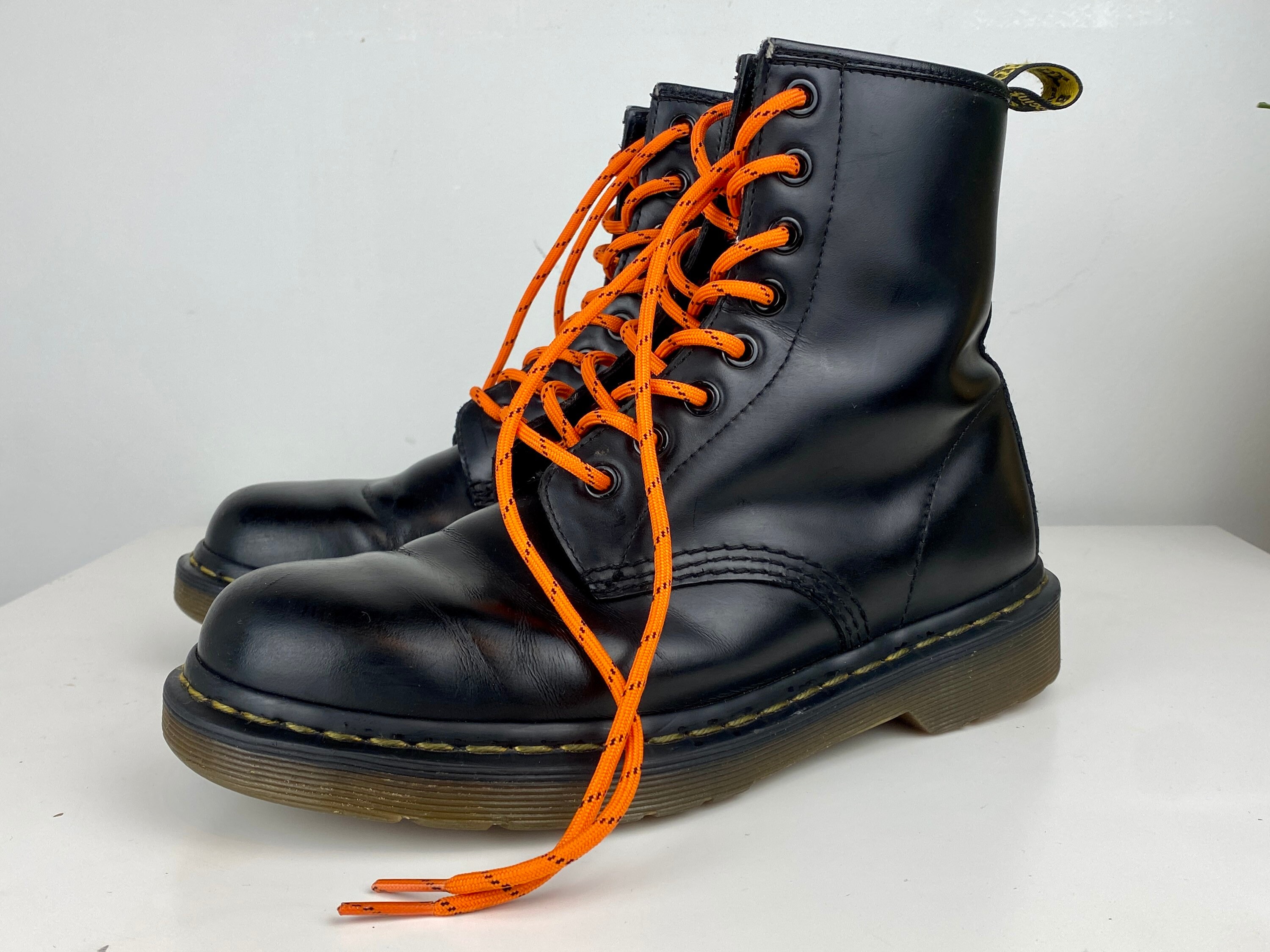 Original DR MARTENS Leather Boots: Black, Acid Orange Laces, UK5
