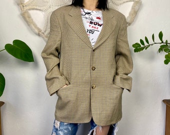 Classic men’s check Blazer vintage , Dad Fit jacket, brown blue, cotton Wool garment, Classic tweed look.