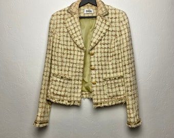 Damen Preppy Blazer von BIBA, Chanel Style, Coco Style Jacke, grün gelb beige, Größe S