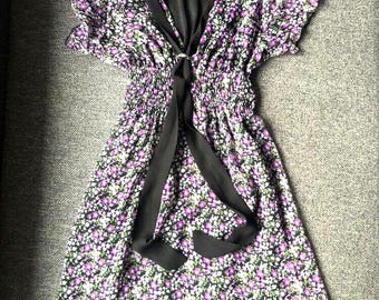 Floral Babydoll Dress: 90s Vintage Purple Black Polyester, Size S-M