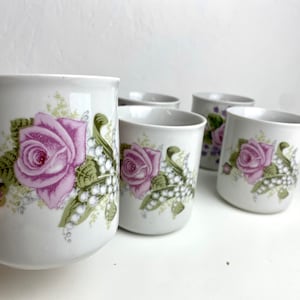 Vintage flower mug set, coffee tea cups, retro 70s, set of 6, no handle mugs