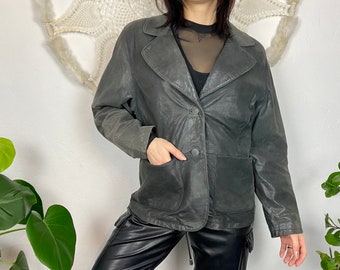 Vintage leather blazer from STAILER high quality vintage Finland wear, womans gray blazer jacket, metallic inlay, size 38