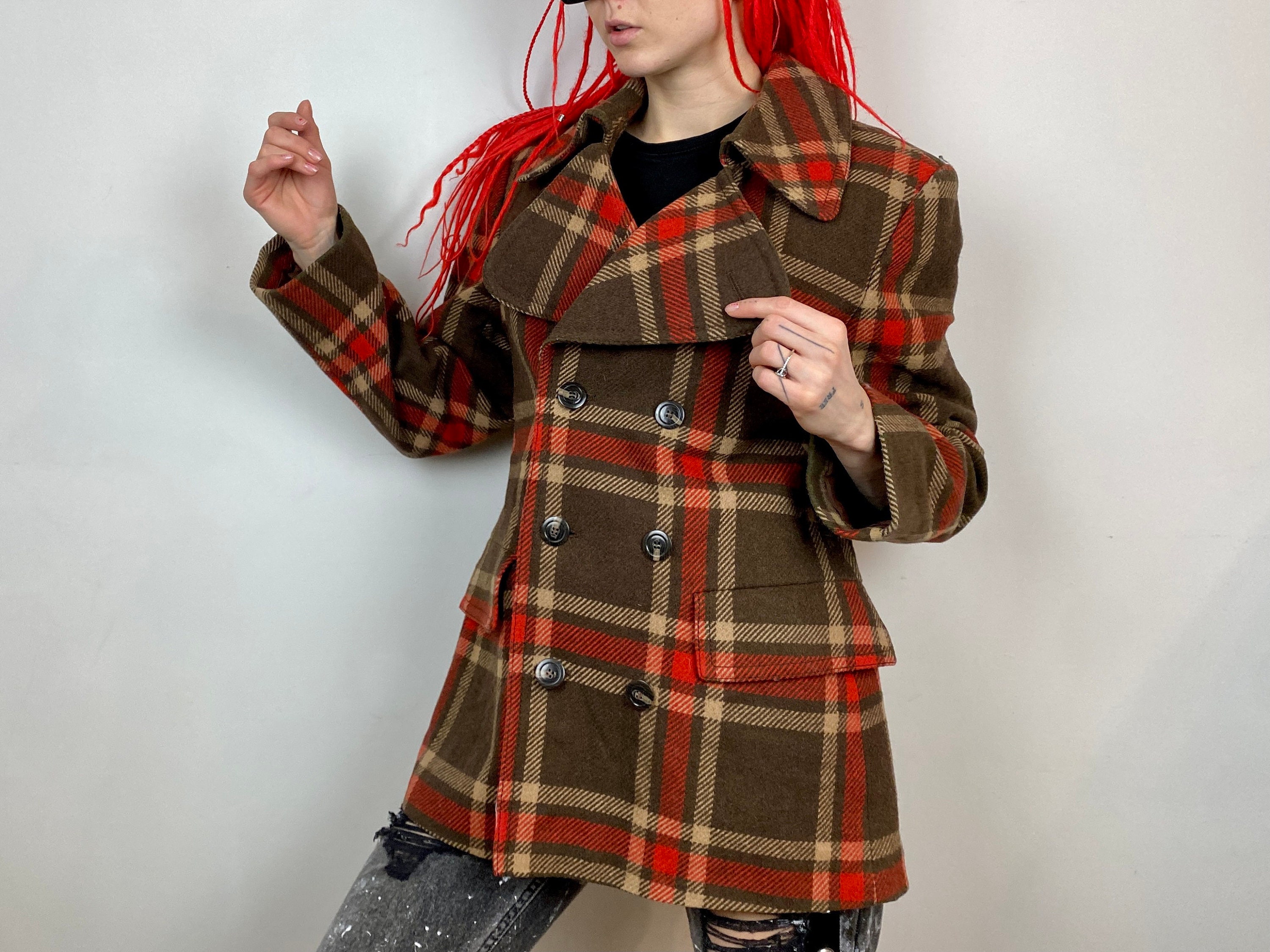 brown plaid peacoat