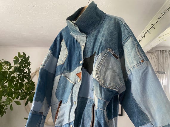 Handmade Patchwork Denim Bomber Jacket: Upcycled … - image 5