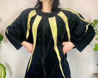 Retro Velvet Coverall Dress: 70s Black & Yellow Sun Design, M/L