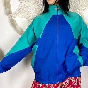 Giacca vintage in cotone di LEOPARD, bomber in cotone, vestibilità comoda, color block blu verde, taglia L