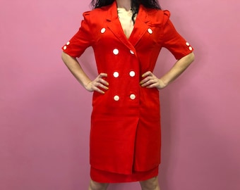 Vintage red dress “Fink Modell” 80’s, statement shoulder, Button Dress, pockets