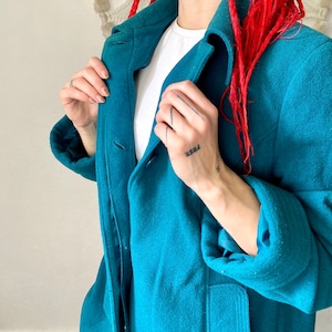 Blauwe wollen jas, jaren 80 blauwe boxy damesjas met vrije pasvorm, oversized, maat 14